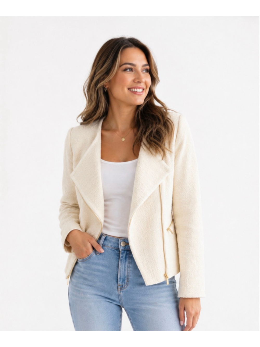 NWT Saint & Sofia Asymmetrical Cream Boucle Sutton Jacket